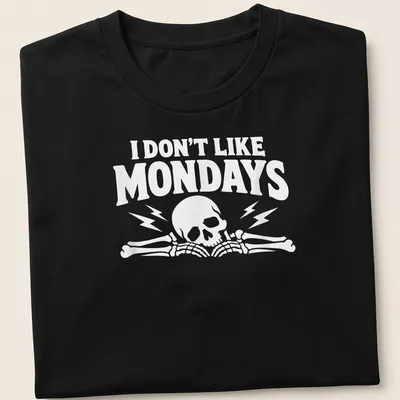 Bold graphic of a skull and bones with text 'I DON'T LIKE MONDAYS'