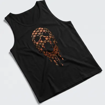 Illustration of a skull with metallic scale armor dripping in copper and dark tones — printed on a tank top