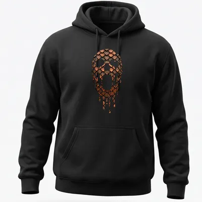 Illustration of a skull with metallic scale armor dripping in copper and dark tones — printed on a unisex hoodie