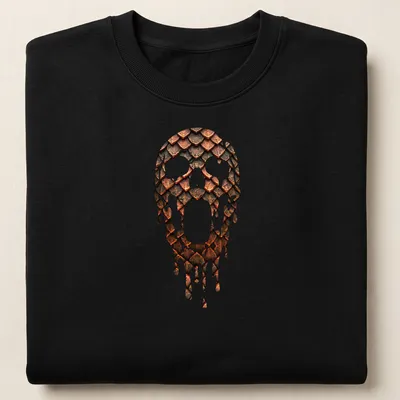 Illustration of a skull with metallic scale armor dripping in copper and dark tones — printed on a unisex sweatshirt