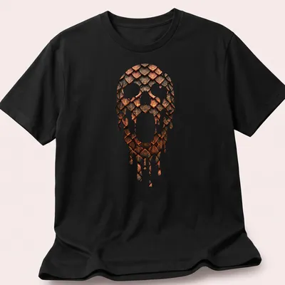 Illustration of a skull with metallic scale armor dripping in copper and dark tones