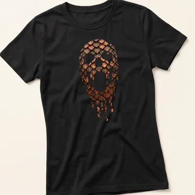 Illustration of a skull with metallic scale armor dripping in copper and dark tones — printed on a women's shirt