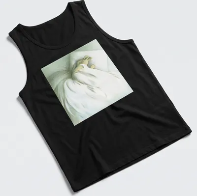 Illustration of a sleeping bunny with the text 'Go Back To Sleep' in soft colors. — printed on a tank top