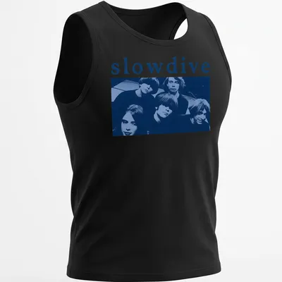 Photo of Slowdive band with logo in blue, black, and white — printed on a tank top
