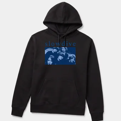 Photo of Slowdive band with logo in blue, black, and white — printed on a unisex hoodie
