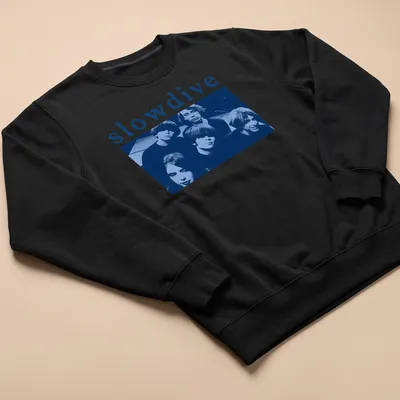 Photo of Slowdive band with logo in blue, black, and white — printed on a unisex sweatshirt