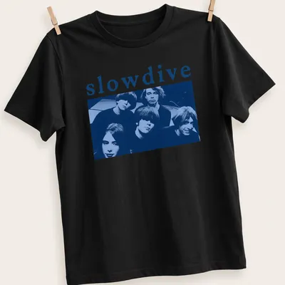 Photo of Slowdive band with logo in blue, black, and white