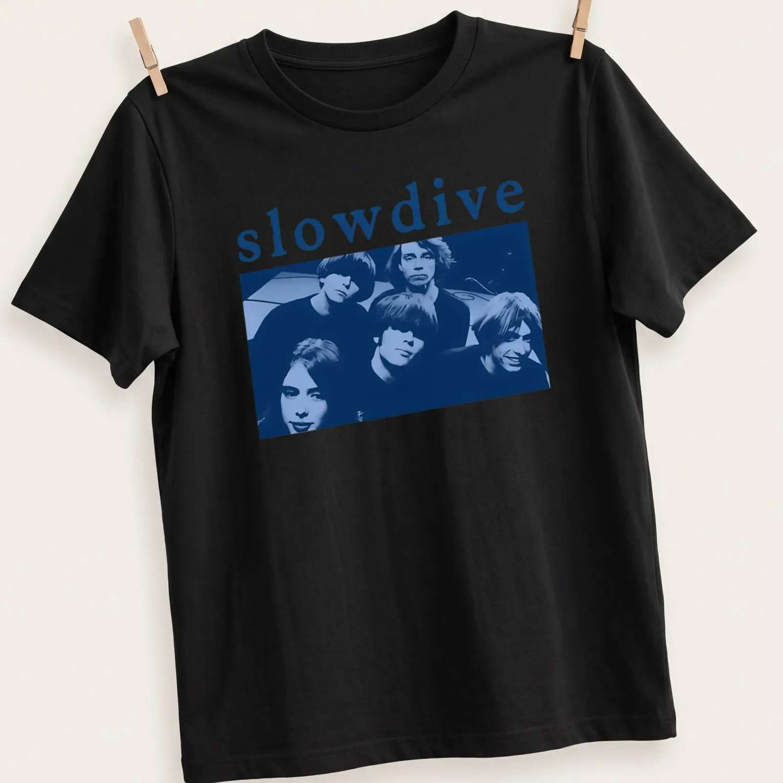 Photo of Slowdive band with logo in blue, black, and white — printed on a unisex t-shirt