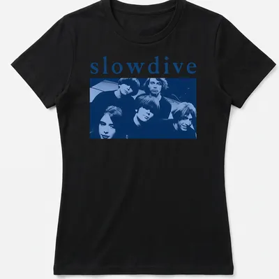 Photo of Slowdive band with logo in blue, black, and white — printed on a women's shirt