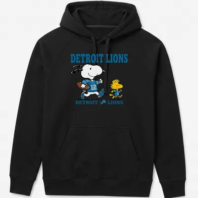Snoopy and Woodstock cartoon on a Detroit Lions football fan — printed on a unisex hoodie