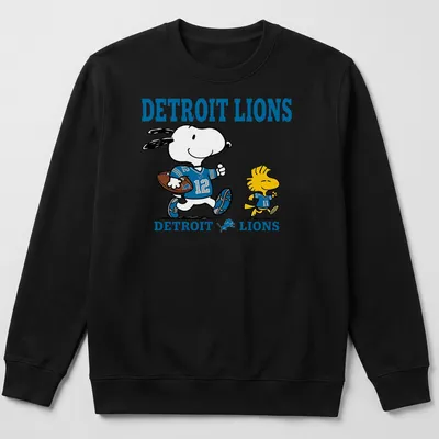 Snoopy and Woodstock cartoon on a Detroit Lions football fan — printed on a unisex sweatshirt