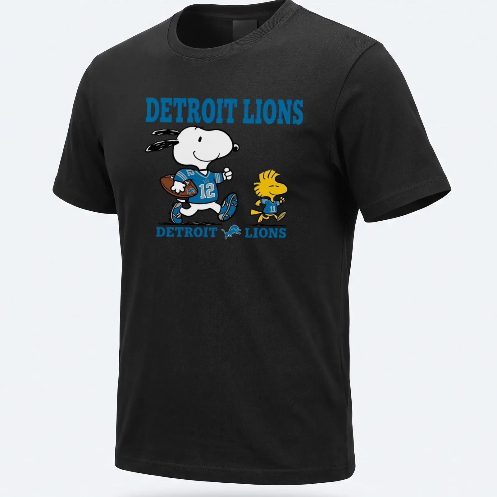 Snoopy and Woodstock cartoon on a Detroit Lions football fan — printed on a unisex t-shirt