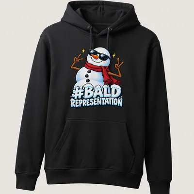 Cartoonish snowman graphic with hashtag '#Bald Representation' in colorful print — printed on a unisex hoodie