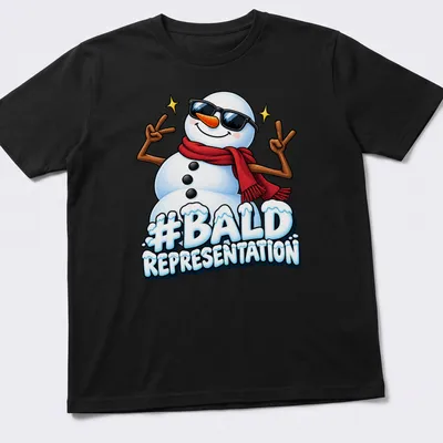 Cartoonish snowman graphic with hashtag '#Bald Representation' in colorful print