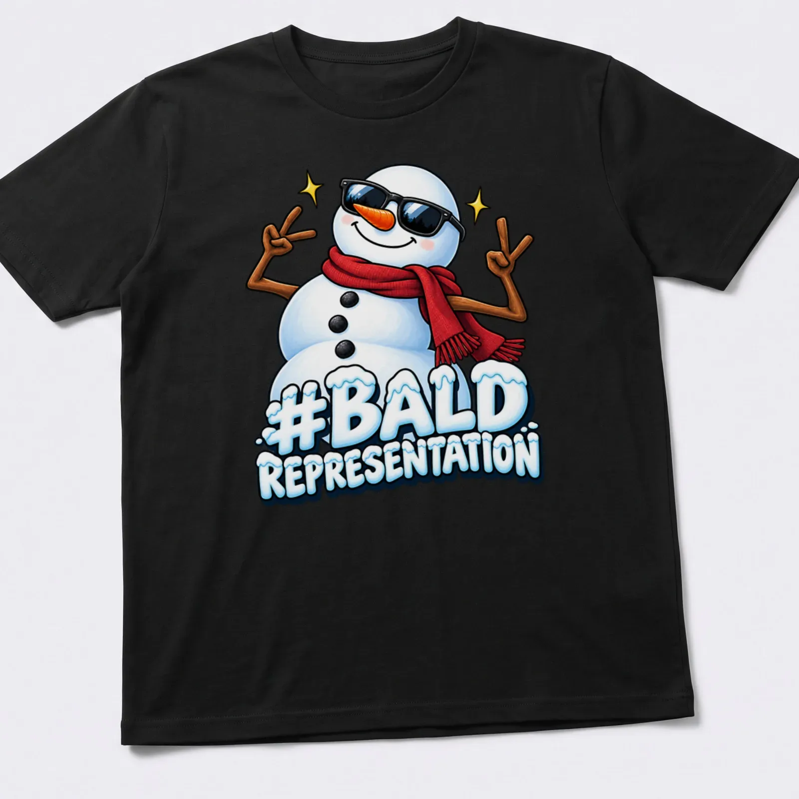 Cartoonish snowman graphic with hashtag '#Bald Representation' in colorful print — printed on a unisex t-shirt