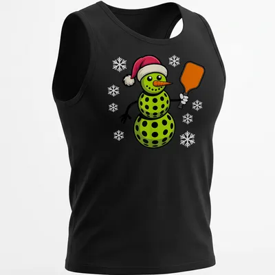 Cartoon snowman playing pickleball in red and green with festive colors — printed on a tank top