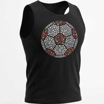 Colorful dot art of a soccer ball in red, pink, yellow, blue, green, and white. — printed on a tank top