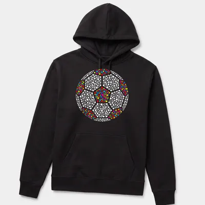 Colorful dot art of a soccer ball in red, pink, yellow, blue, green, and white. — printed on a unisex hoodie