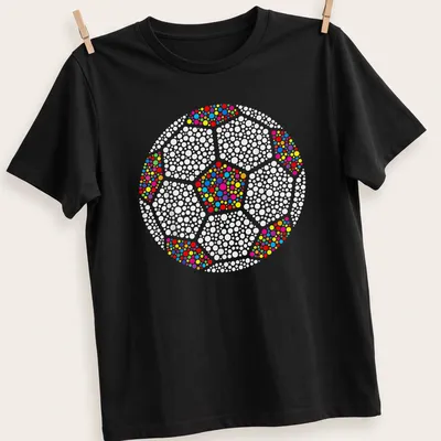 Colorful dot art of a soccer ball in red, pink, yellow, blue, green, and white.