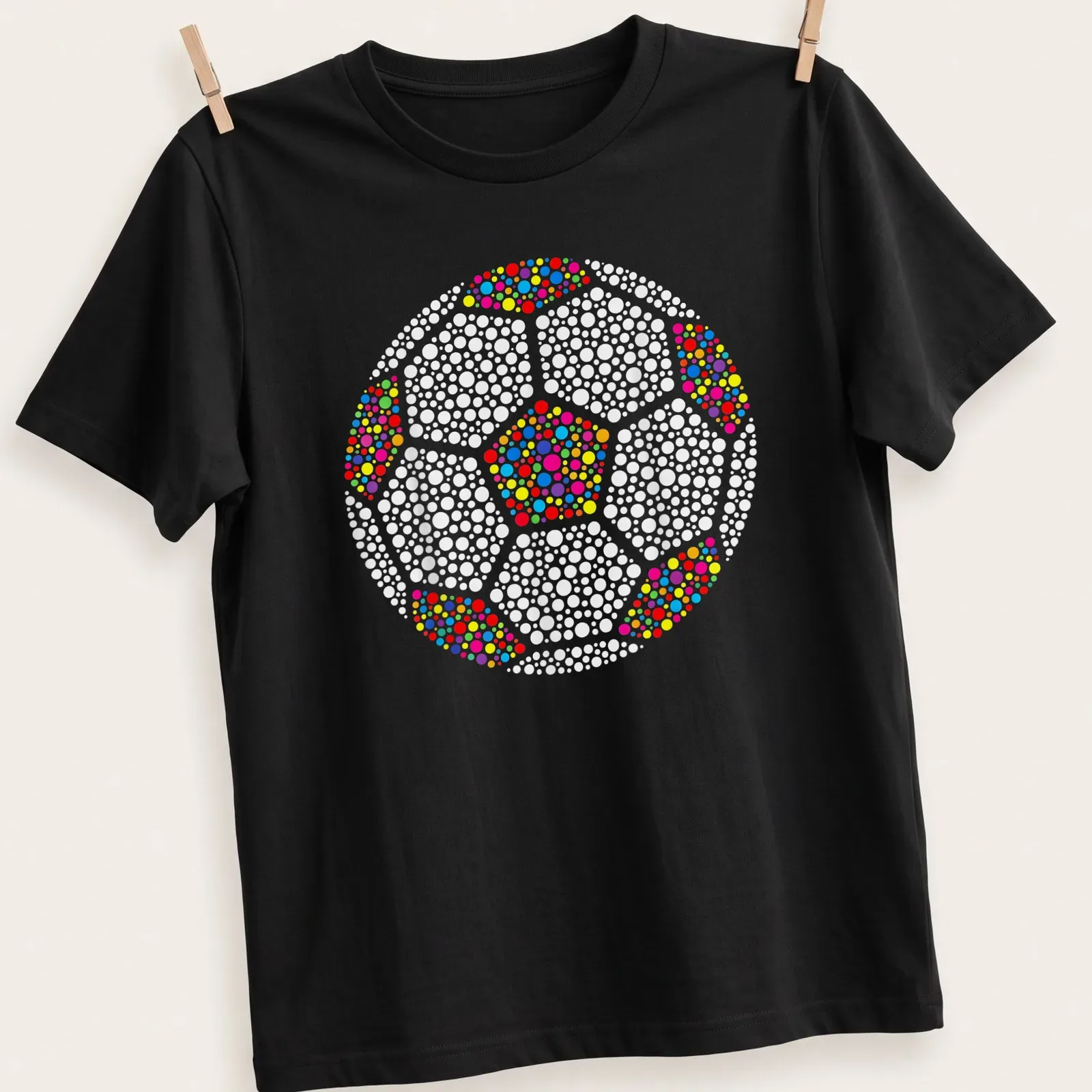 Colorful dot art of a soccer ball in red, pink, yellow, blue, green, and white. — printed on a unisex t-shirt
