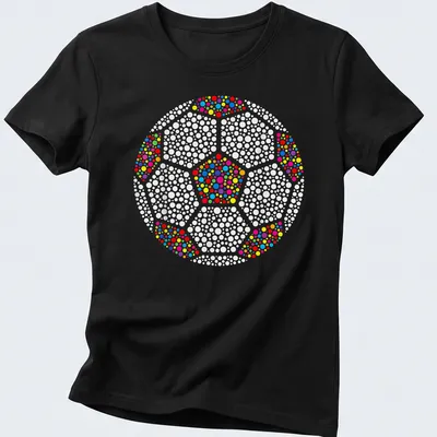Colorful dot art of a soccer ball in red, pink, yellow, blue, green, and white. — printed on a women's shirt