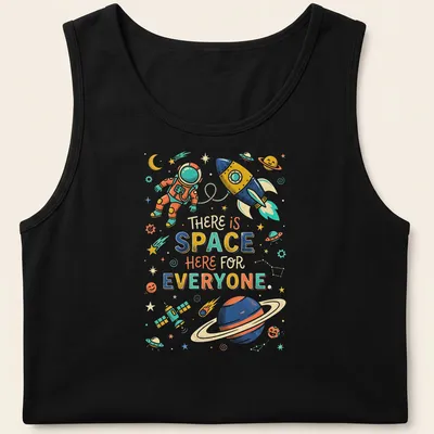 Colorful astronaut and rocket graphic with inclusive quote about space — printed on a tank top