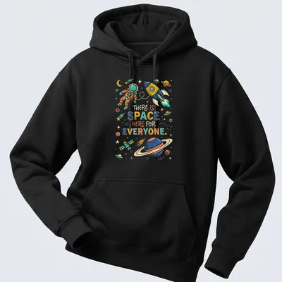Colorful astronaut and rocket graphic with inclusive quote about space — printed on a unisex hoodie