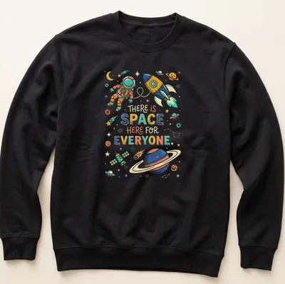 Colorful astronaut and rocket graphic with inclusive quote about space — printed on a unisex sweatshirt