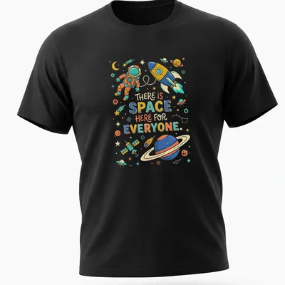 Colorful astronaut and rocket graphic with inclusive quote about space
