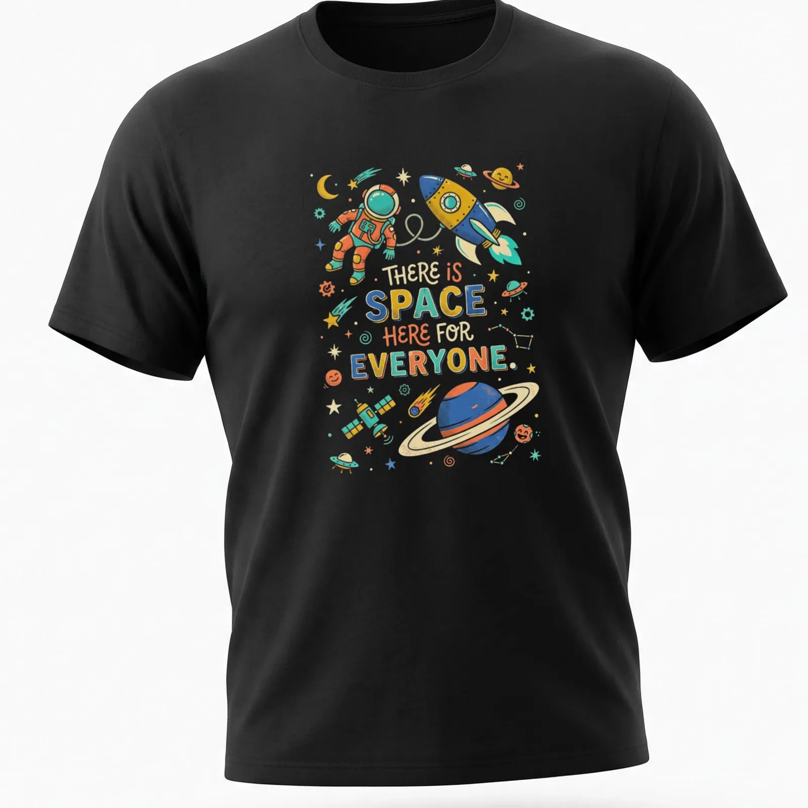 Colorful astronaut and rocket graphic with inclusive quote about space — printed on a unisex t-shirt