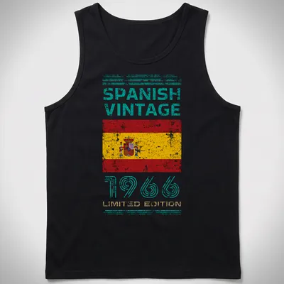 Vintage distressed t-shirt featuring the Spanish flag with text from 1966 — printed on a tank top