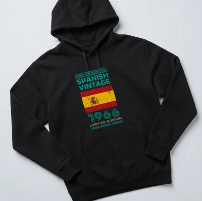 Vintage distressed t-shirt featuring the Spanish flag with text from 1966 — printed on a unisex hoodie