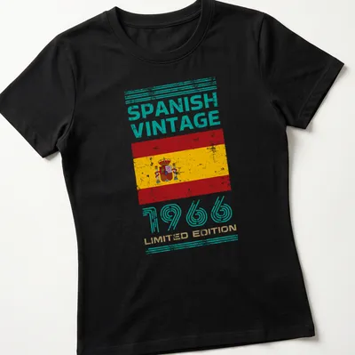 Vintage distressed t-shirt featuring the Spanish flag with text from 1966 — printed on a women's shirt