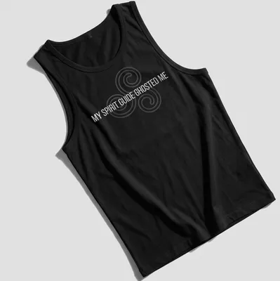 Minimalist t-shirt with the text 'MY SPIRIT GUIDE GHOSTED ME' and a spiral design — printed on a tank top