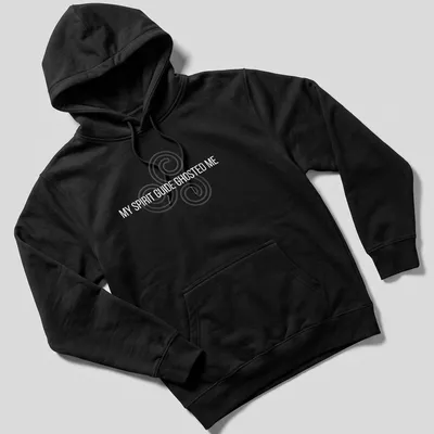 Minimalist t-shirt with the text 'MY SPIRIT GUIDE GHOSTED ME' and a spiral design — printed on a unisex hoodie