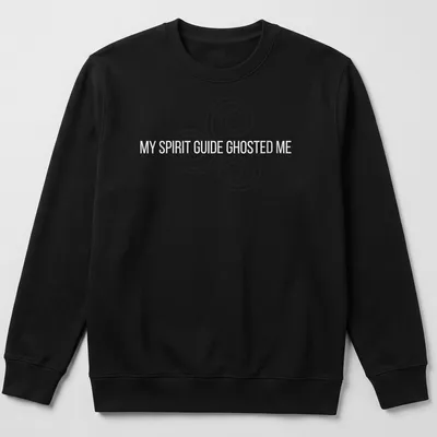 Minimalist t-shirt with the text 'MY SPIRIT GUIDE GHOSTED ME' and a spiral design — printed on a unisex sweatshirt