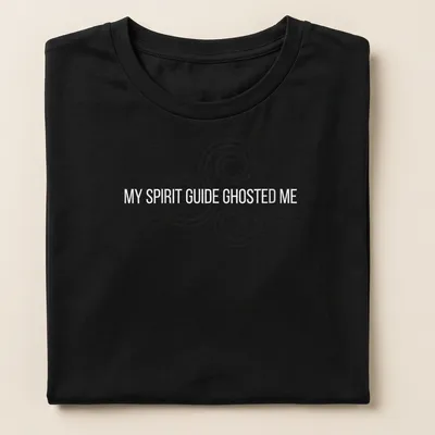 Minimalist t-shirt with the text 'MY SPIRIT GUIDE GHOSTED ME' and a spiral design — printed on a women's shirt
