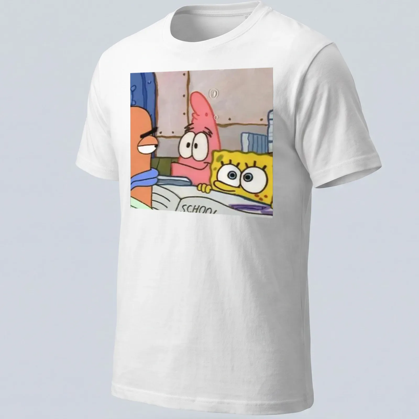 Cartoon design featuring Spongebob and Patrick with the word 'SCHOOL' — printed on a unisex t-shirt