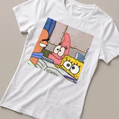Cartoon design featuring Spongebob and Patrick with the word 'SCHOOL' — printed on a women's shirt