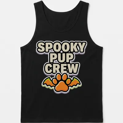Cartoonish graphic of a dog paw with bat wings and Halloween-themed text — printed on a tank top