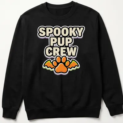 Cartoonish graphic of a dog paw with bat wings and Halloween-themed text — printed on a unisex sweatshirt
