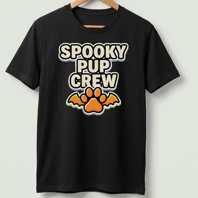 Cartoonish graphic of a dog paw with bat wings and Halloween-themed text