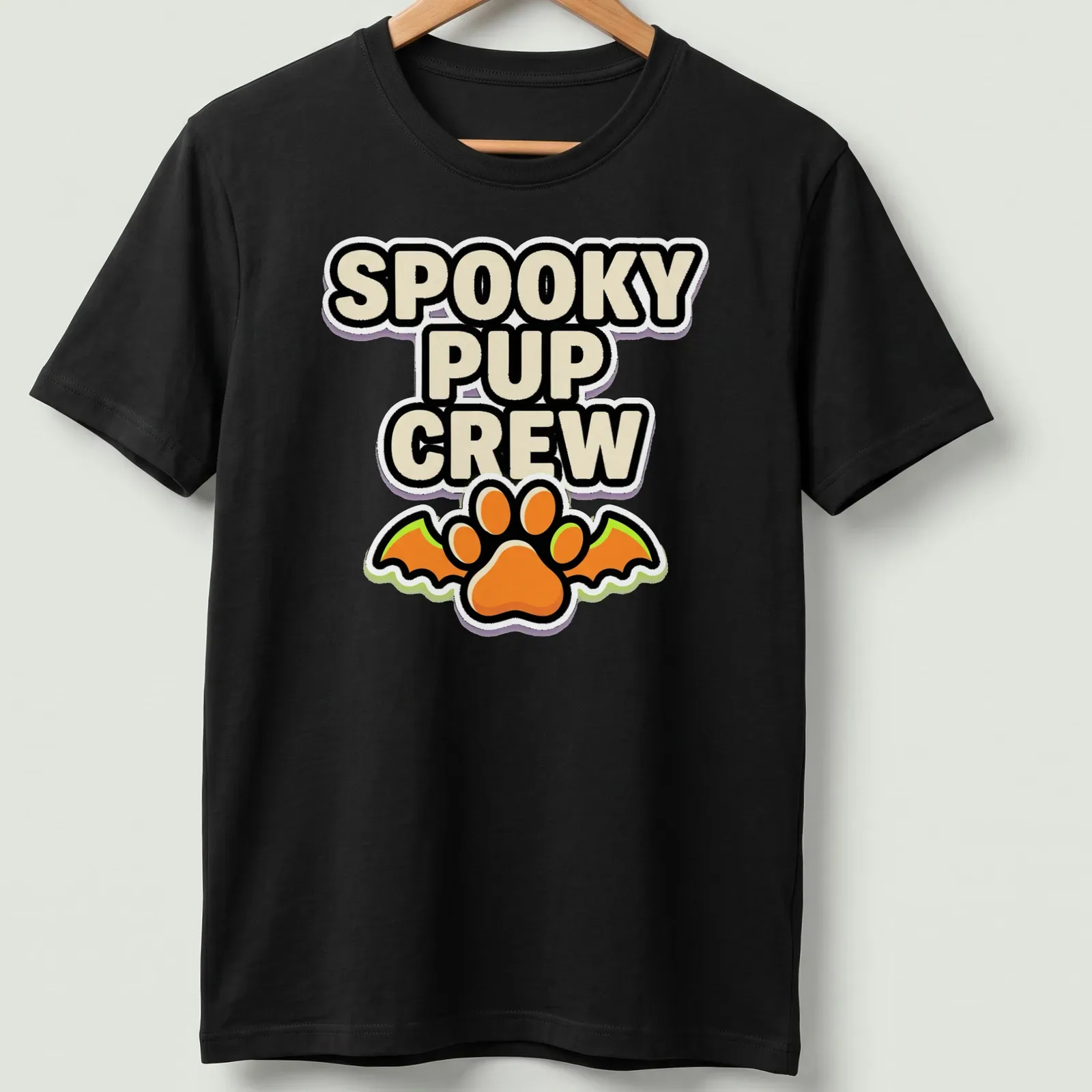 Cartoonish graphic of a dog paw with bat wings and Halloween-themed text — printed on a unisex t-shirt