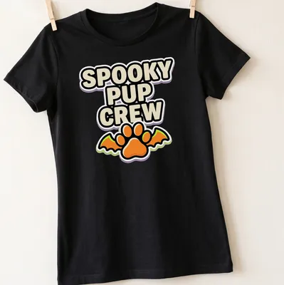 Cartoonish graphic of a dog paw with bat wings and Halloween-themed text — printed on a women's shirt