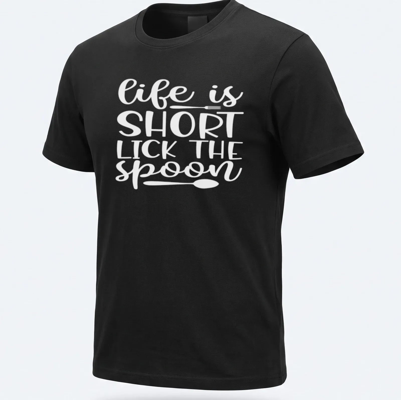 Playful design of a spoon with text 'Life Is Short Lick The Spoon' in black and white. — printed on a unisex t-shirt