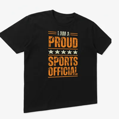 Vintage distressed t-shirt with proud text for sports officials in orange and cream — printed on a unisex t-shirt (angled view)