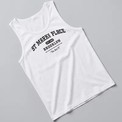 Vintage typography design of St Marks Place Brooklyn shirt with historic references — printed on a tank top