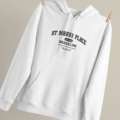 Vintage typography design of St Marks Place Brooklyn shirt with historic references — printed on a unisex hoodie