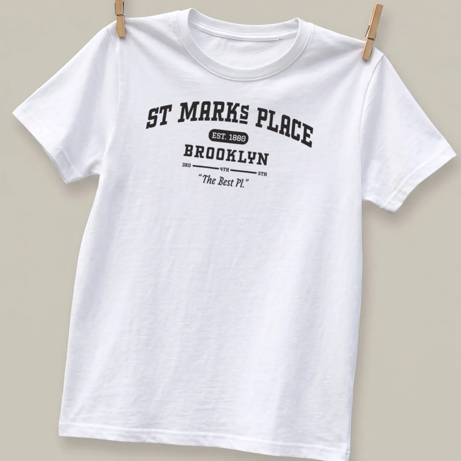 Vintage typography design of St Marks Place Brooklyn shirt with historic references — printed on a unisex t-shirt