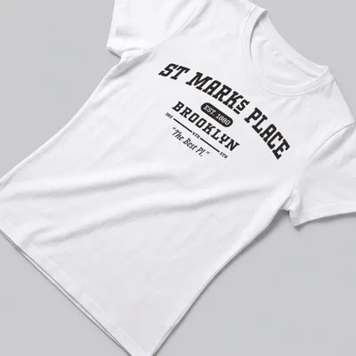 Vintage typography design of St Marks Place Brooklyn shirt with historic references — printed on a women's shirt